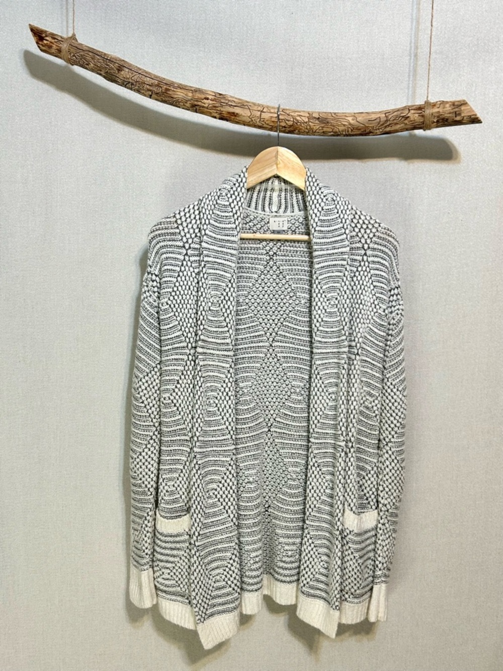 A. New Day - Shawl Collar Open-Front Cardigan in Gray and Cream